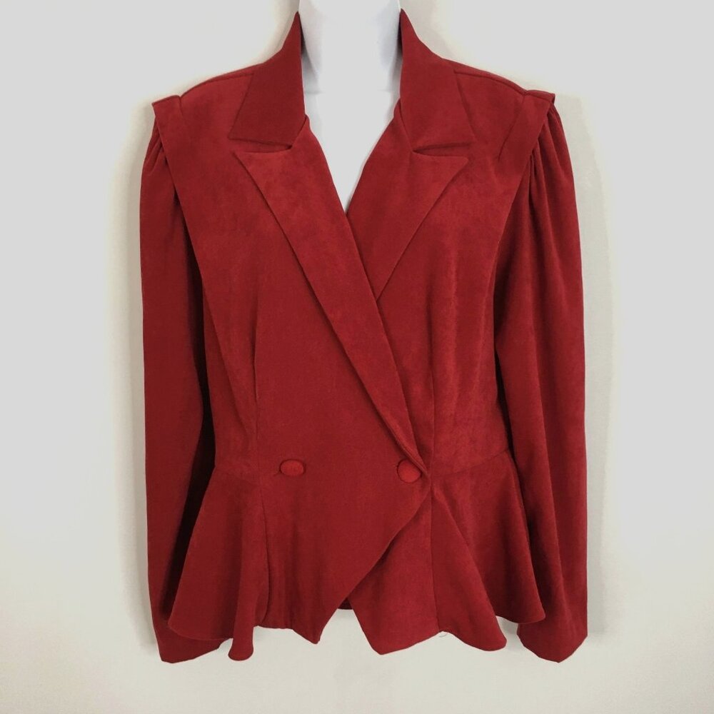 Vintage Womens FEMININE‎ PEPLUM Jacket Blouse Sz 8 Red DARK ROMANTIC Butter Soft